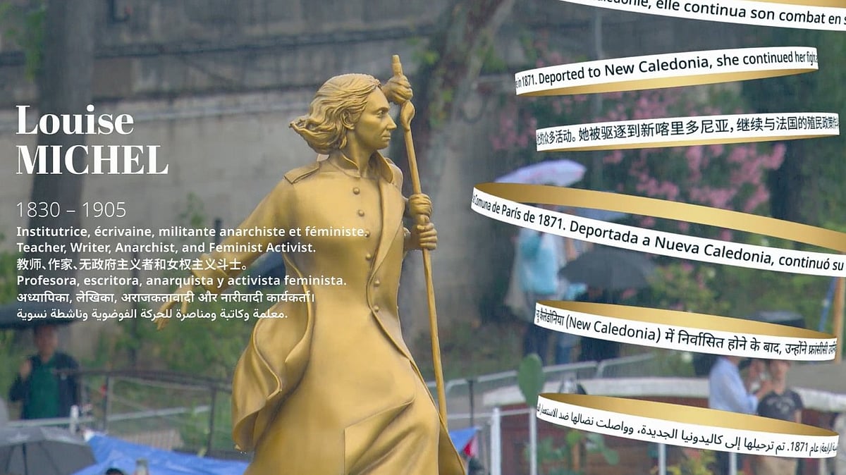 Screengrab from Paris Olympics 2024 Opening Ceremony  : Statue of Heroine of French History during the Paris Olympics 2024 Opening Ceremony on July 26, Friday on the River Seine. 